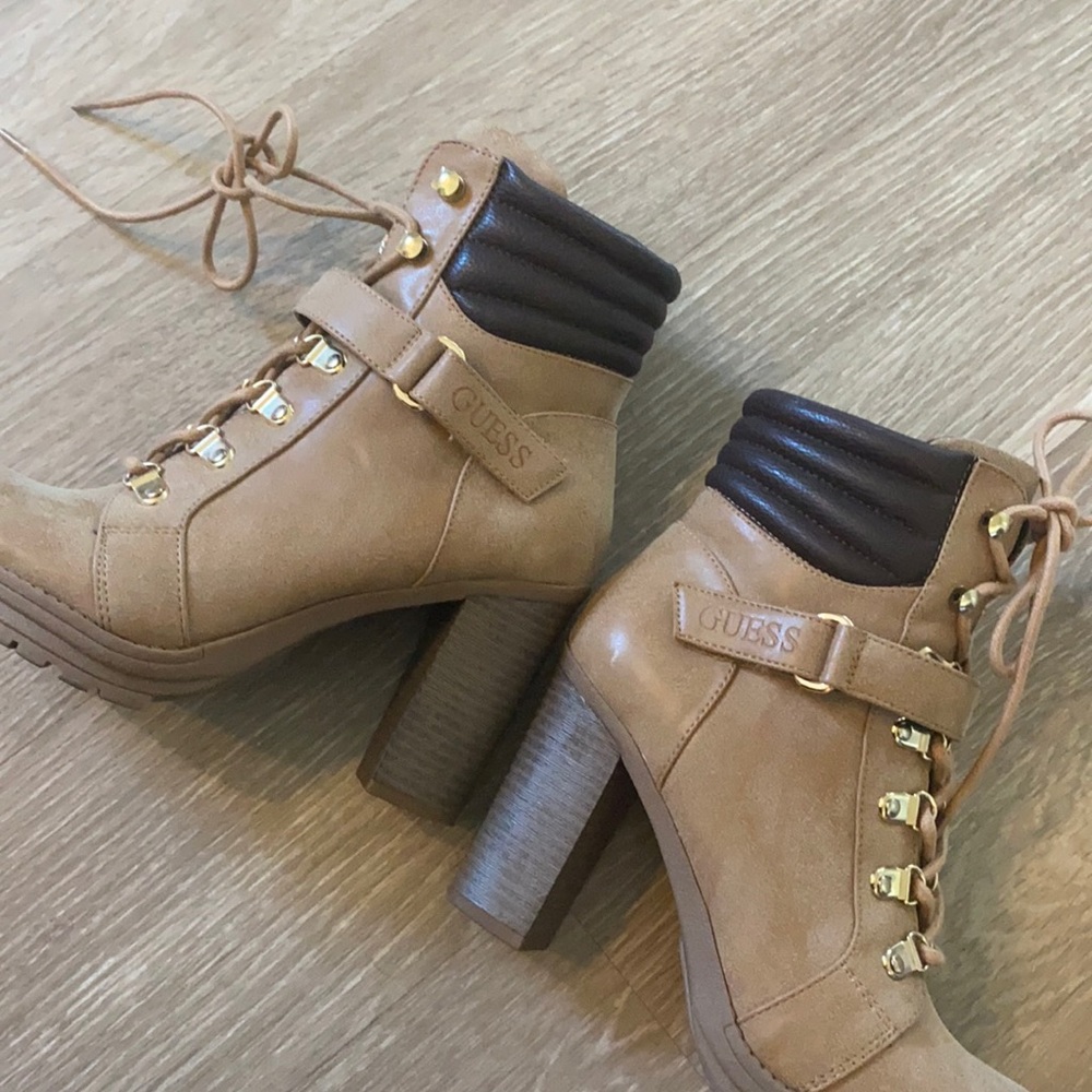 Bootie heels guess taupe brown chunky lace up 6.5